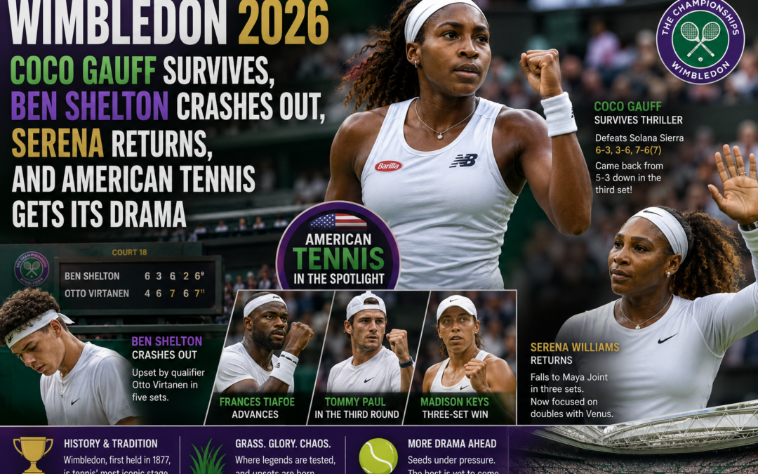 Wimbledon 2026: Coco Gauff Survives, Ben Shelton Crashes Out, Serena Returns, and American Tennis Gets Its Drama